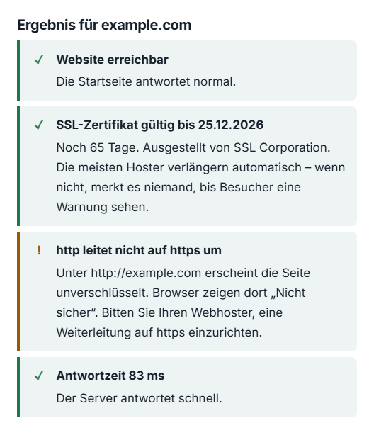 Beispielergebnis des Checks für example.com: Website erreichbar und SSL-Zertifikat gültig (grün), keine Weiterleitung von http auf https (gelb), Antwortzeit schnell (grün)
